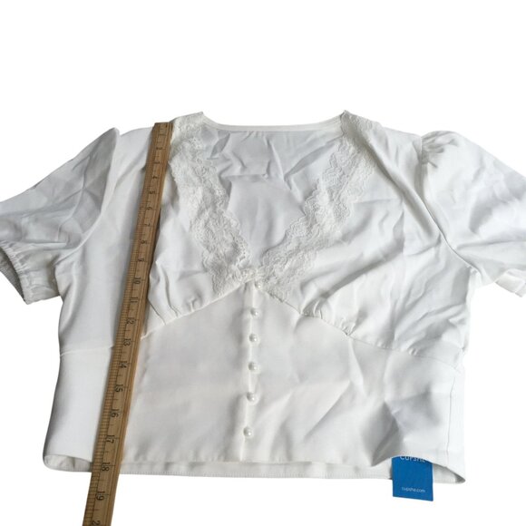 feminine  Babydoll Cropped Top Womens Sz L White Lace V Neck Angelcore dainty - Picture 8 of 16